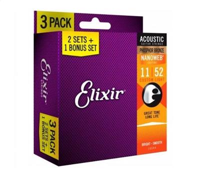 Elixir Nanoweb Coated Phosphor Bronze 3er Pack Custom Light .011-.052
